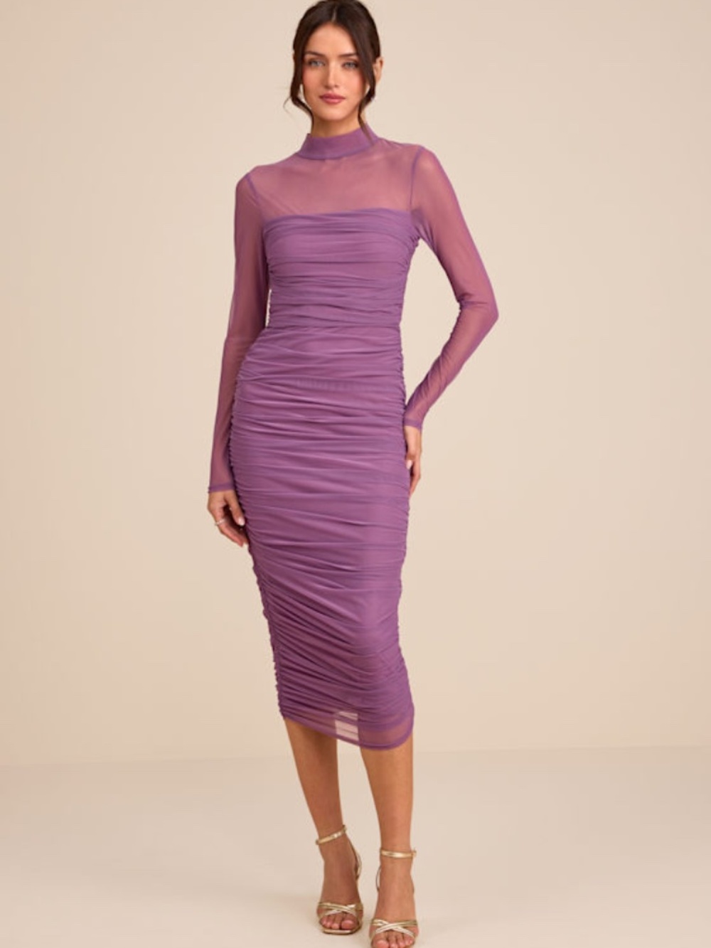 Lulus Impressive Flirt Dusty Purple Mesh Ruched Mock Neck Midi Dress - Size XL